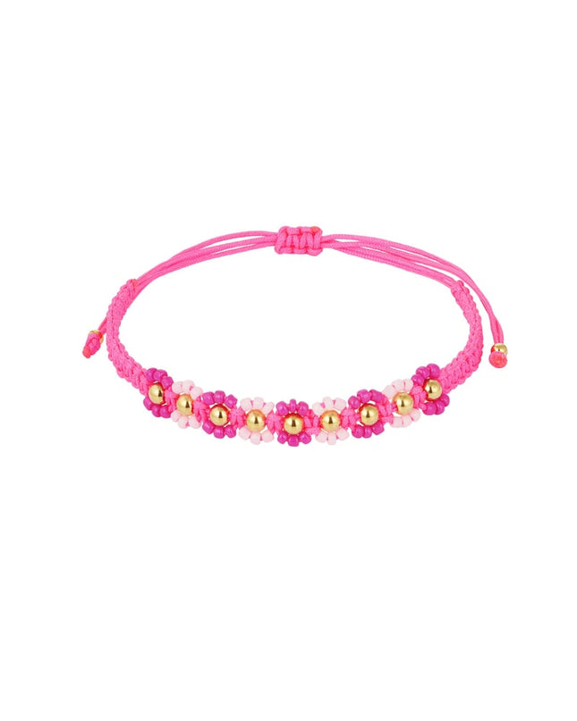 Gevlochten armband met bloemetjes - roze/Goud kleur 
