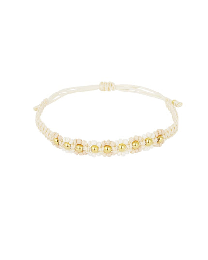 Gevlochten armband met bloemetjes - roze/Goud kleur 