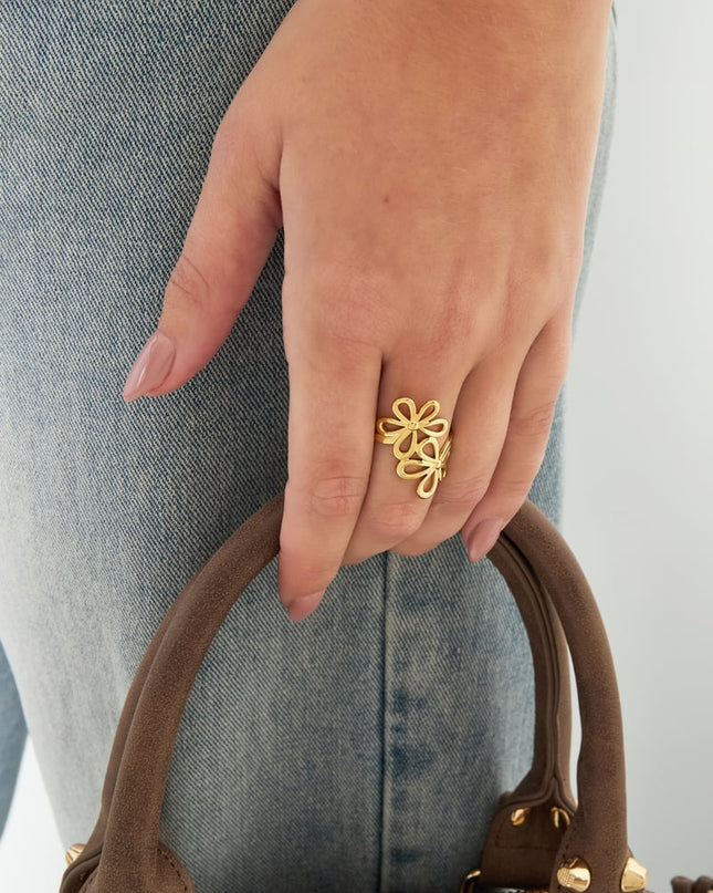 Roestvrijstalen statementringen, bloemen, casual, dagelijks, eenvoudig, serie, damessieraden