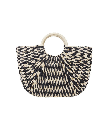 Braided beach bag with round handle - black & white