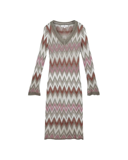 Gehaakte flare-jurk met lange mouwen Beige S