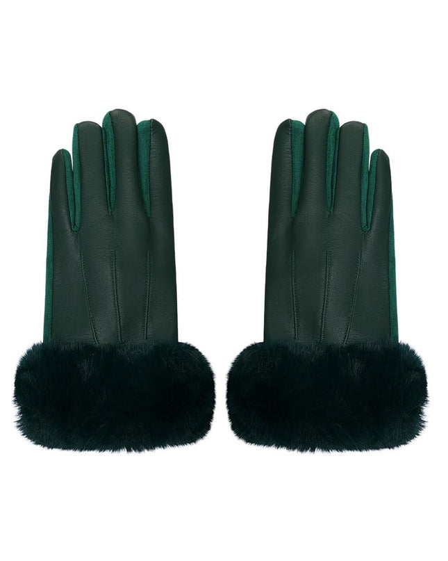 Gloves with faux fur and leather look Green Polyester One size