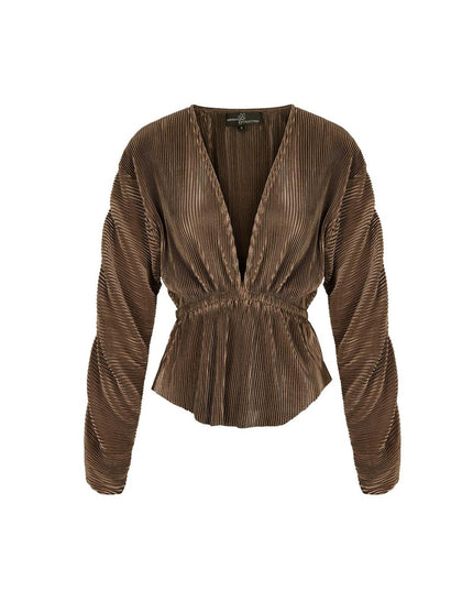 Blouse with rib structure and pleated sleeves Brown S