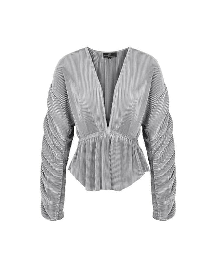 Blouse with rib structure and pleated sleeves Brown S