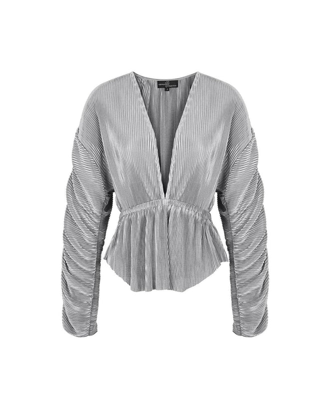 Blouse with rib structure and pleated sleeves Brown S