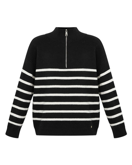 Gebreide trui strepen met rits - beige zwart - SM