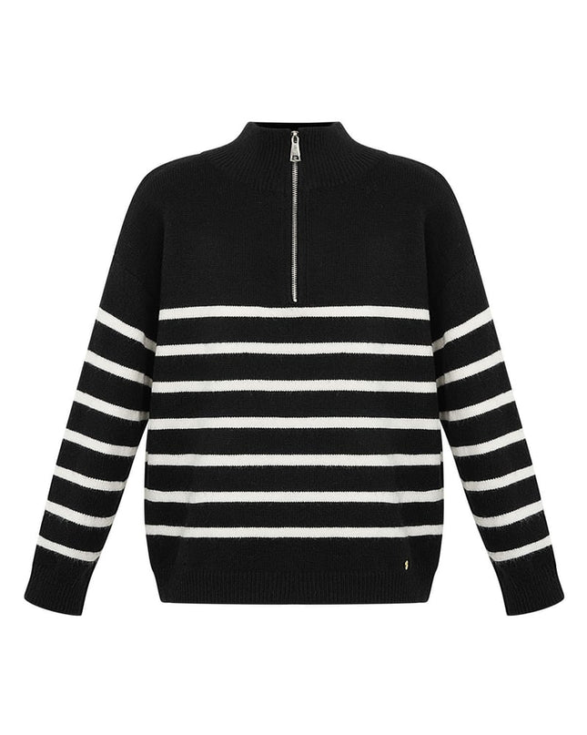 Gebreide trui strepen met rits - beige zwart - SM