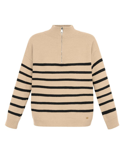 Gebreide trui strepen met rits - beige zwart - SM