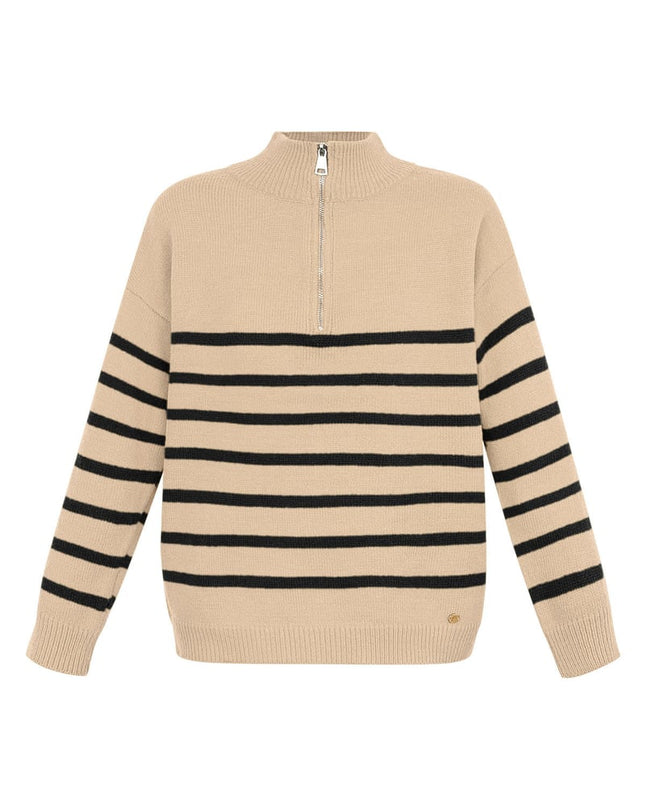 Gebreide trui strepen met rits - beige zwart - SM