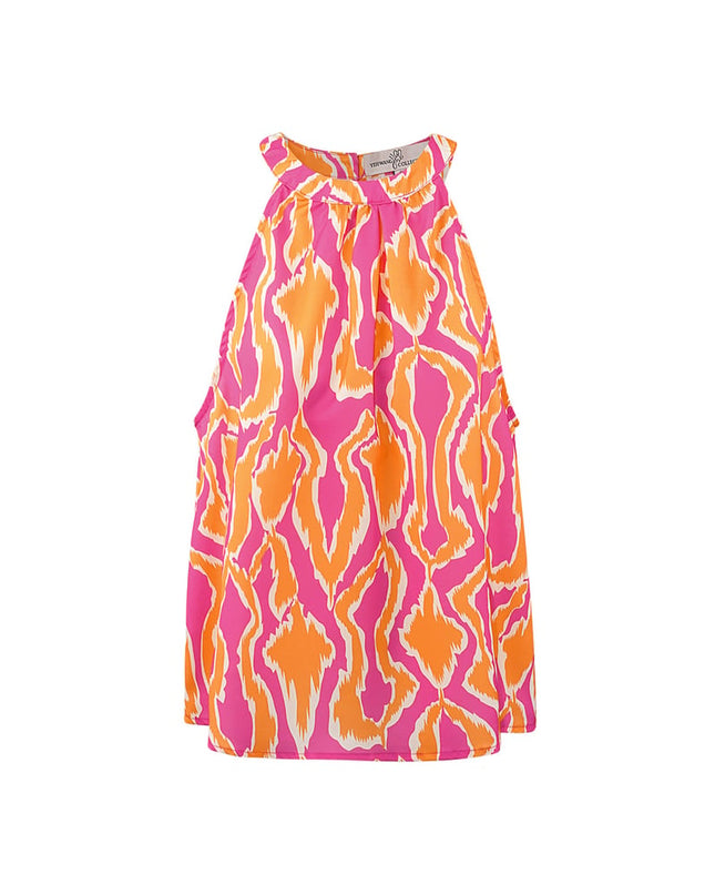 Kleurrijke haltertop met print - oranje/roze 
