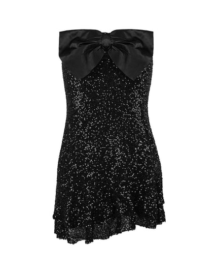 Glitter dress with bow strapless - black