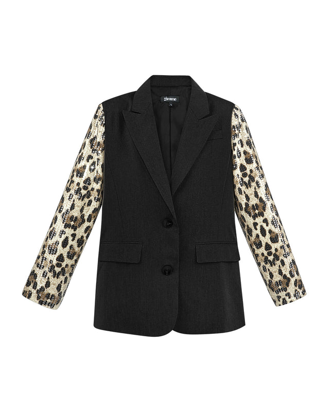 Blazer with leopard print glitter sleeve - gray