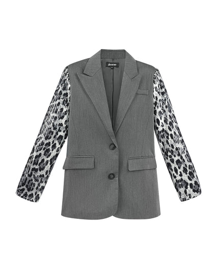 Blazer with leopard print glitter sleeve - gray