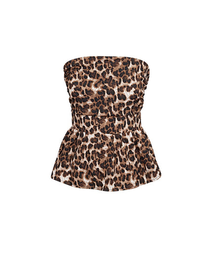 Flared Leopard Print Top - Brown