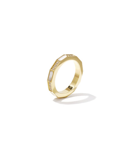 Hoekige ring met steentjes en parelmoer detail