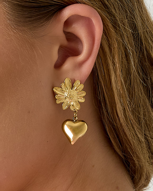 Bloem oorbellen met hangend hart