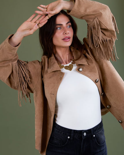 Suedelook jasje met franjes