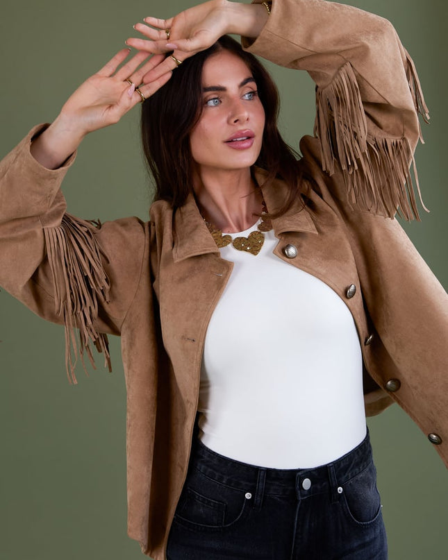 Suedelook jasje met franjes