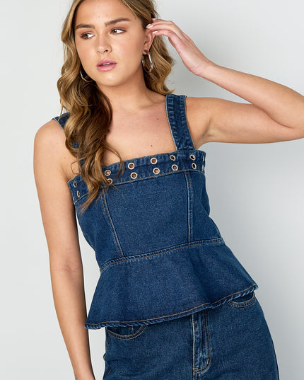 Opvallende denim top met oogjes